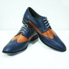 Handmade Men's Leather Oxfords Blue Orange Wing Tip Rounded Toe Shoes-748
