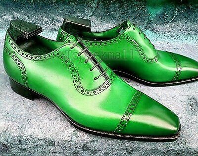 Handmade Men's Leather Oxfords Wingtip Green Derby Cap Toe Black Sole Shoes-267