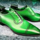 Handmade Men's Leather Oxfords Wingtip Green Derby Cap Toe Black Sole Shoes-267