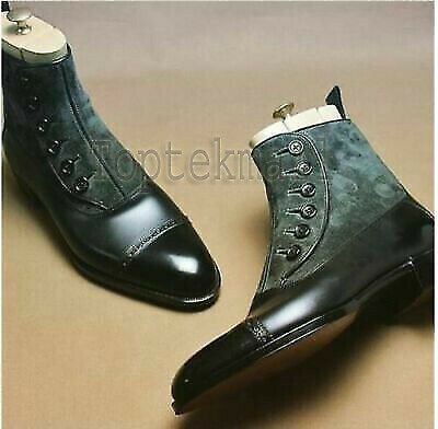 Handmade Men's Leather New TWO TONE FORMAL BUTTON UP CAP TOE ANKLE Boots-642