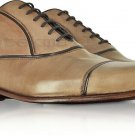 Handmade Men's Leather Oxfords Beige Color Wingtip Rounded Cap Toe Shoes-255