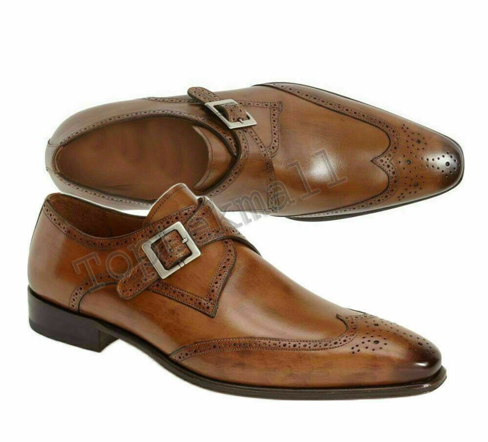 Handmade Men's Leather Tan Brown Monk Straps Stylish Formal Dress New Shoes-385