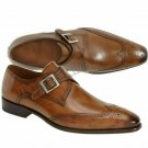 Handmade Men's Leather Tan Brown Monk Straps Stylish Formal Dress New Shoes-385