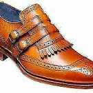 Handmade Men's Leather Unique Superb Brown Double Monk Straps Buckles Shoes-311