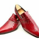 Handmade Men's Leather New Loafers Slip Ons Crocodile Texture  Red Shoes-459