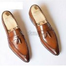 Handmade Men's Leather Loafers Brown Fashion Tassels Moccasins Formal Shoes-463