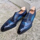 Handmade Men's Leather Oxford Wingtip Brogue Dark Blue Super Stylish Shoes-679