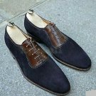 Handmade Men's Leather Genuine Brown & Blue Suede One Piece Formal shoes-40