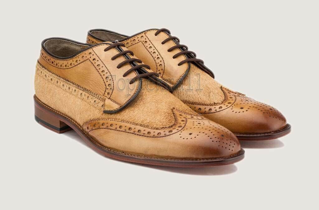 Handmade Men's Leather CAMEL OXFORD BROGUE CLASSIC WINGTIP LACE UP SHOES-6