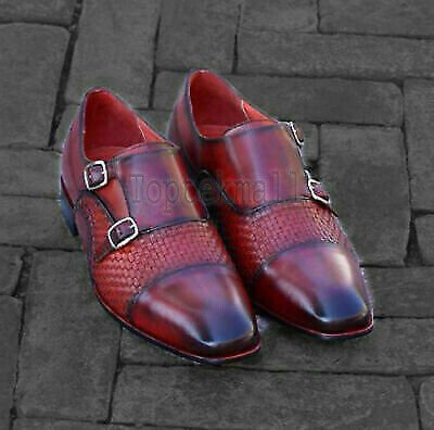 Handmade Men's Leather Double Monk Woven Burgundy Leather Cap Toe Shoes-128