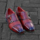 Handmade Men's Leather Double Monk Woven Burgundy Leather Cap Toe Shoes-128