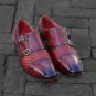 Handmade Men's Leather Double Monk Woven Burgundy Leather Cap Toe Shoes-128