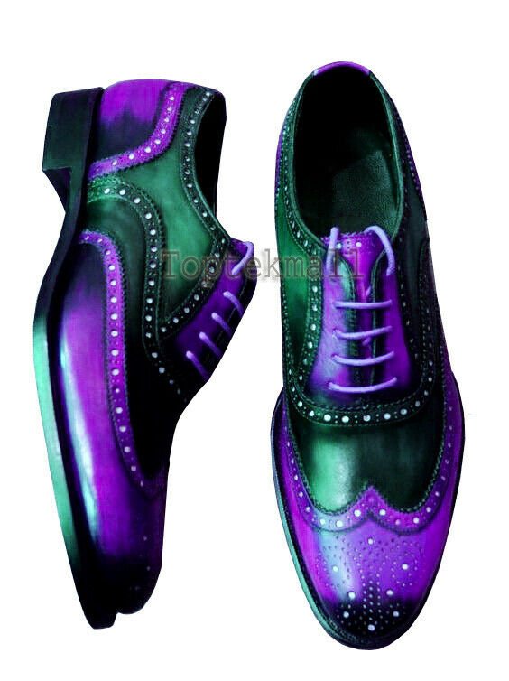 Handmade Men's Leather Oxfords Wingtip Two Tone Purple Black Brogues Shoes-35