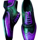Handmade Men's Leather Oxfords Wingtip Two Tone Purple Black Brogues Shoes-35