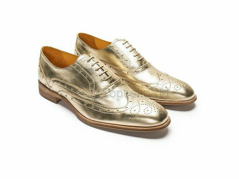 Handmade Men's Leather Oxfords Wingtip Party Premium Silver Brogues Shoes-955