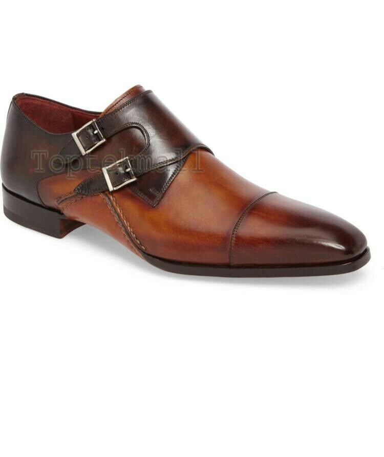 Handmade Men's Leather Double Monk Brown Formal Dress Casual Burnished Shoes-138