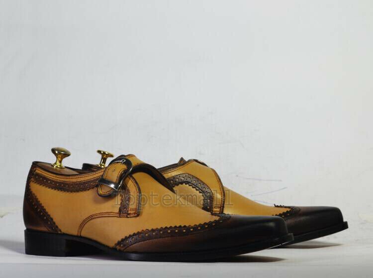 Handmade Men's LEATHER MONK Strap Brown and Yellow Formal Casual DRESS Shoes-111