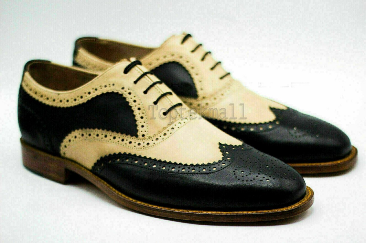 Handmade Men's Leather Two Tone Oxfords Brogue Formal Wingtip Lace Up Shoes-161