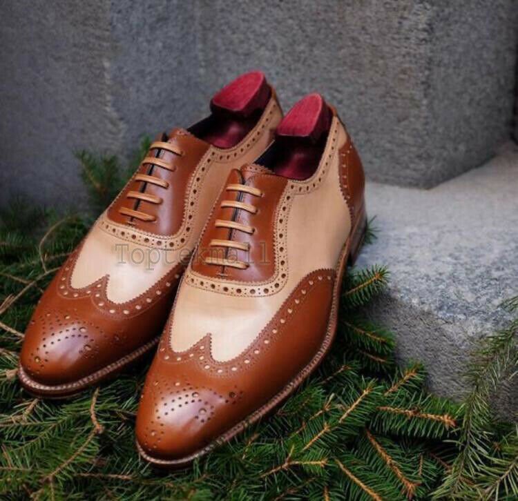 Handmade Men's Leather Wingtip Brogue Two Tone Brown Formal Oxfords Shoes-123