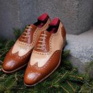 Handmade Men's Leather Wingtip Brogue Two Tone Brown Formal Oxfords Shoes-123