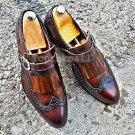 Handmade Men's Leather Superb Shaded and Buckle Monk Straps Stylish Shoes-280