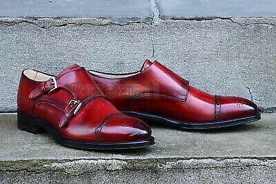 Handmade Men's Leather Double Monk Buckle Burgundy Luxury Super Dress Shoes-333