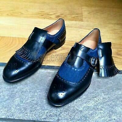 Handmade Men's Leather Two Tone Monk Moccasins Blue Fabric Monk Straps Shoes-31