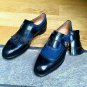 Handmade Men's Leather Two Tone Monk Moccasins Blue Fabric Monk Straps Shoes-31