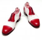 Handmade Men's Leather Oxfords Red White Two Tone Brogue Cap Toe Shoes-697