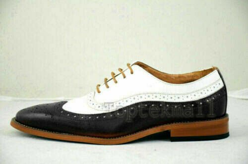 Handmade Men's Leather Oxfords Two Tone BLACK & WHITE Lace Up Wingtip Shoes-963
