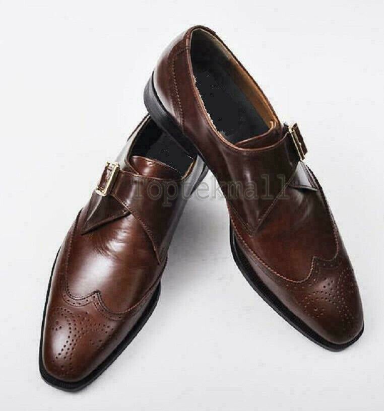 Handmade Men's Leather Dark Brown Brogue Wingtip Single Buckle Top Shoes-655