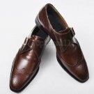 Handmade Men's Leather Dark Brown Brogue Wingtip Single Buckle Top Shoes-655