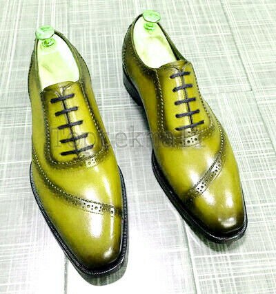 Handmade Men&acirc;��s Leather Oxford Wingtip Yellow Derby Whole Cut Dress New Shoes-74