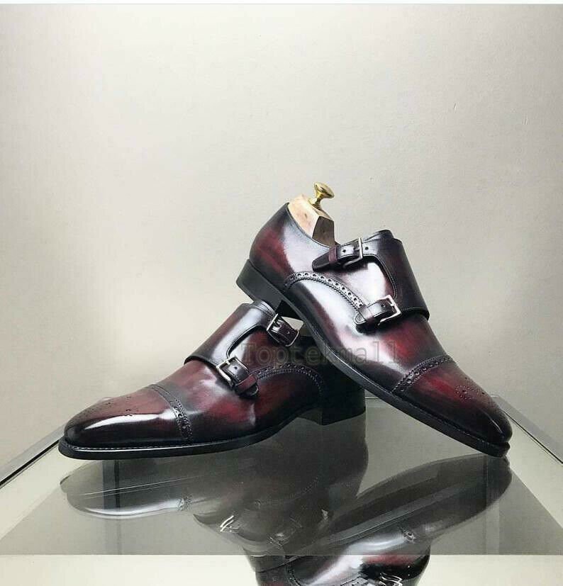 Handmade Men's Leather Double Buckle Straps Monk Maroon Cap Toe Black Shoes-964