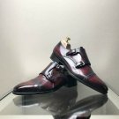 Handmade Men's Leather Double Buckle Straps Monk Maroon Cap Toe Black Shoes-964