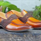 Handmade Men's Leather Two Tone Formal Tan Brown Formal Loafers Casual Shoes-135