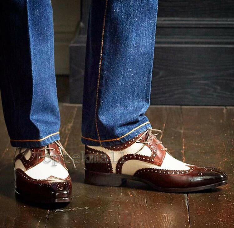 Handmade Men's Leather Brown White Classic Lace Up Formal Brogue Dress Shoes-52