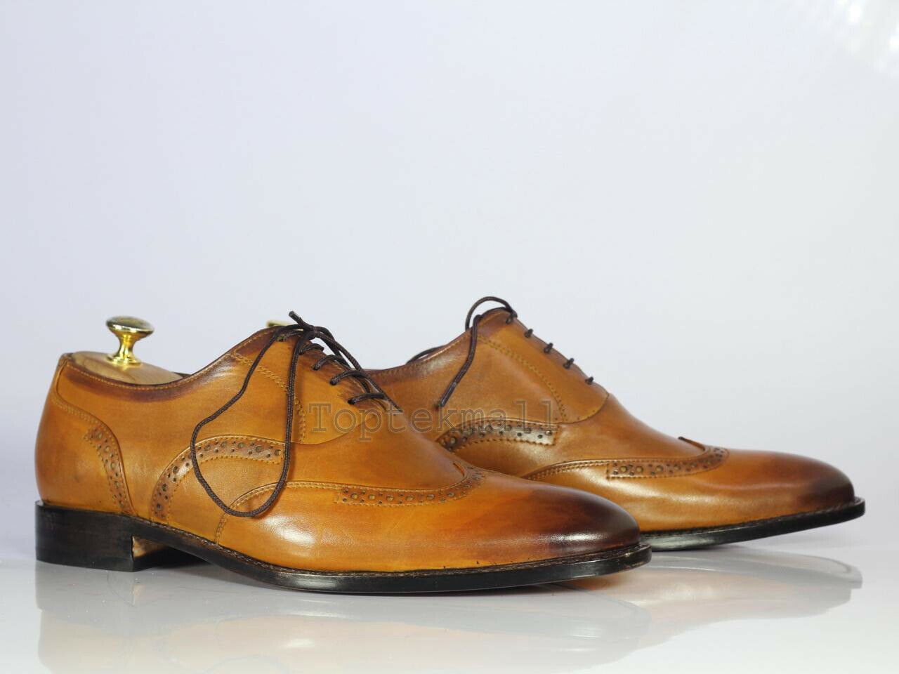 Handmade Men's  Leather Oxfords Wingtip Tan Color Lace Up Dress Formal Shoes-77
