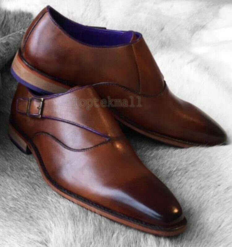 Handmade Men's Leather Brown Single Monk Strap Cap Toe Office Dress Shoes-678