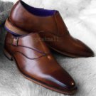 Handmade Men's Leather Brown Single Monk Strap Cap Toe Office Dress Shoes-678