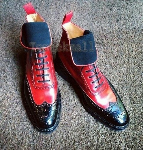 Handmade Men&acirc;��s Leather Black Red Leather Party Wear High Ankle Lace up Boots-22