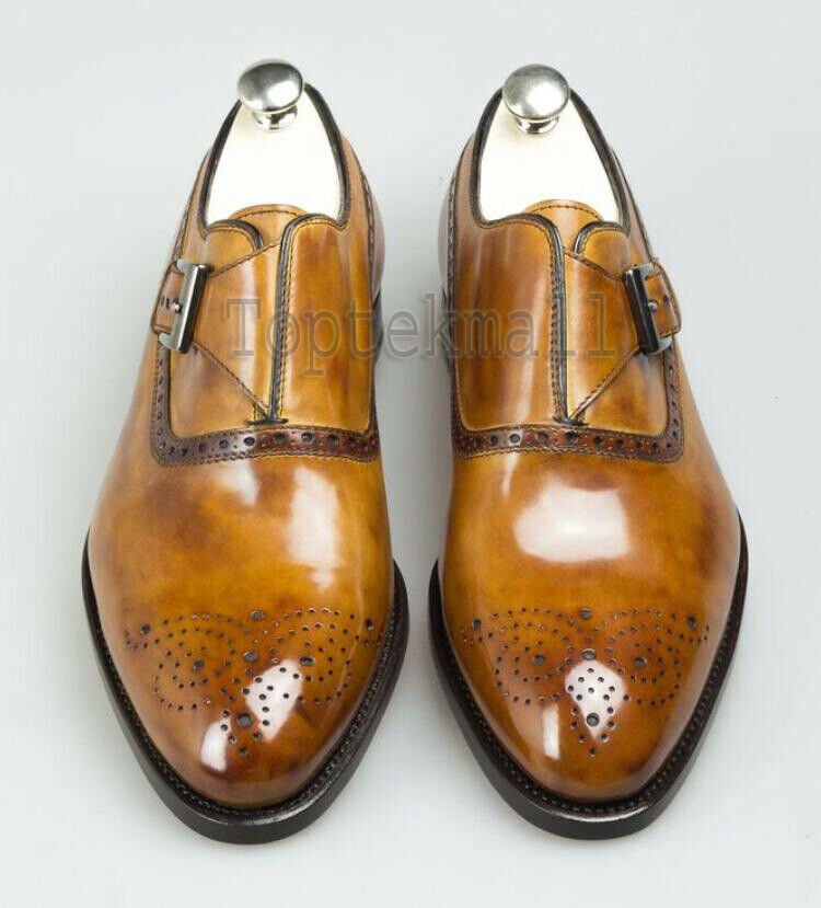 Handmade Men's Leather Genuine Tan Single Monk Straps Superb Unique Shoes-70