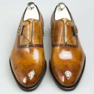 Handmade Men's Leather Genuine Tan Single Monk Straps Superb Unique Shoes-70