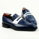 Handmade Men's Leather Blue and White Loafers and Slip Ons TWO TONE Shoes-643