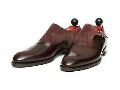 Handmade Men's Leather SUEDE TWO TONE FORMAL Dress Single Monk Straps Shoes-377