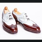 Handmade Men’s Leather Oxfords Wingtip Two Tone Maroon White Brogue Shoes-836
