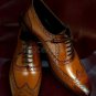 Handmade Men's Leather New Tan color wing tip brogue formal Oxfords shoes-502