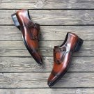 Handmade Men's Leather Double Monk Buckle Straps Stylish Cap Toe brown Shoes-200