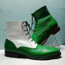 Handmade Men's Leather White Green Two Tone Rounded Toe High Ankle Boots-584
