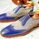 Handmade Men's Leather Oxfords Blue & Gray Suede Oxford Brogue Lace Up Shoes-83